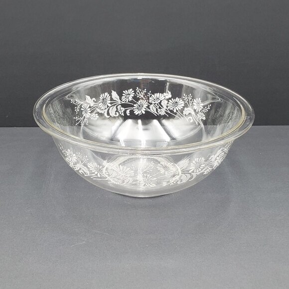 Pyrex Colonial Mist Clear Glass Mixing Bowl White Lace Floral Daisy Serving Bowl - Picture 1 of 4